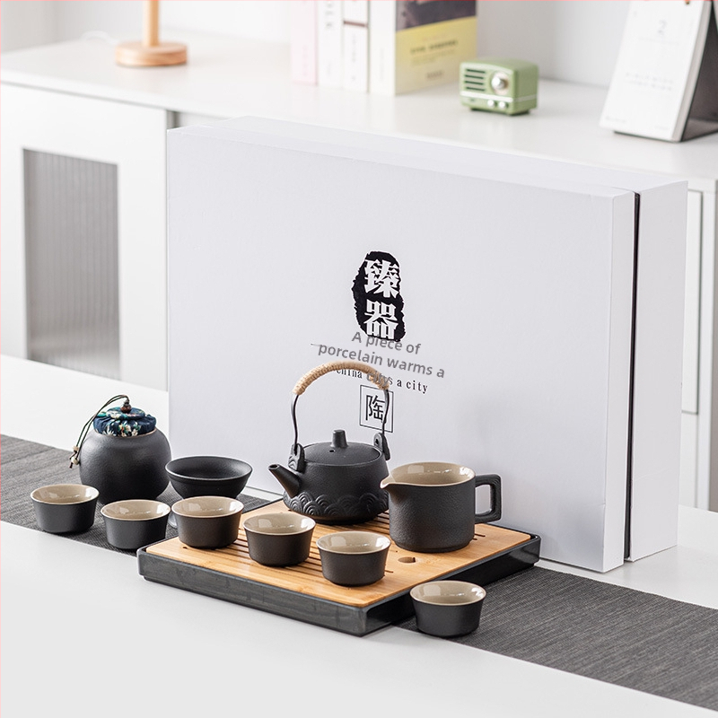 Set Gongfu de ceai din ceramică neagră pentru uz casnic, cu tavă pentru infuzare uscată — set cadou modern, mare
