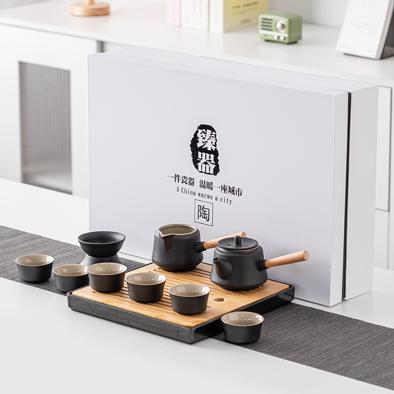 Set Gongfu de ceai din ceramică neagră pentru uz casnic, cu tavă pentru infuzare uscată — set cadou modern, mare