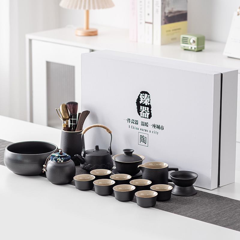 Set Gongfu de ceai din ceramică neagră pentru uz casnic, cu tavă pentru infuzare uscată — set cadou modern, mare