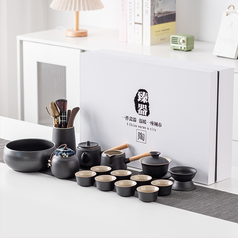 Set Gongfu de ceai din ceramică neagră pentru uz casnic, cu tavă pentru infuzare uscată — set cadou modern, mare