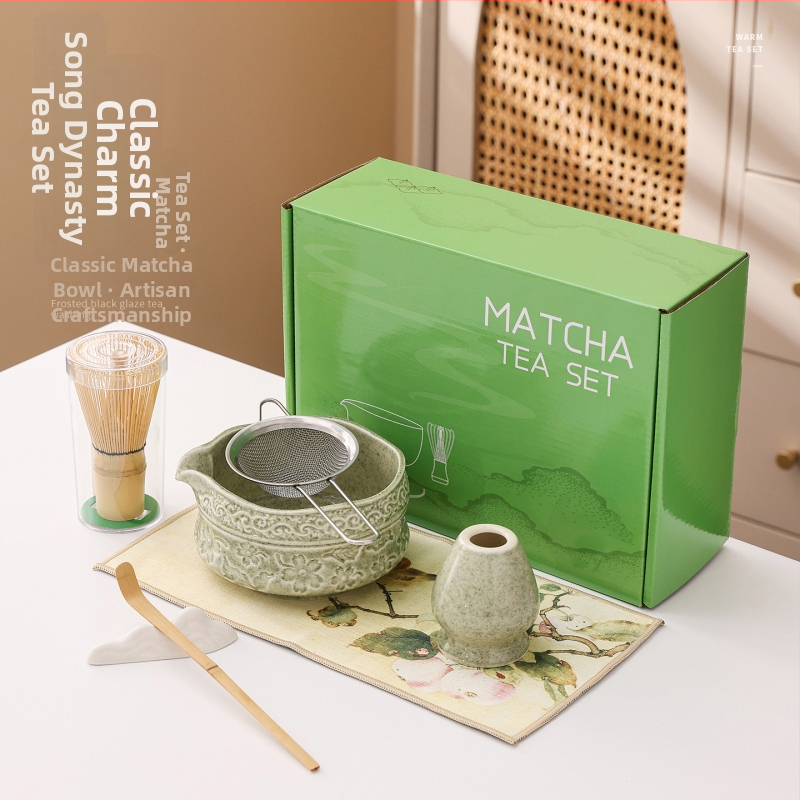 Vas ceramic pentru matcha cu gură de turnare, design cu flori de cireș, set de 100 pensule pentru matcha