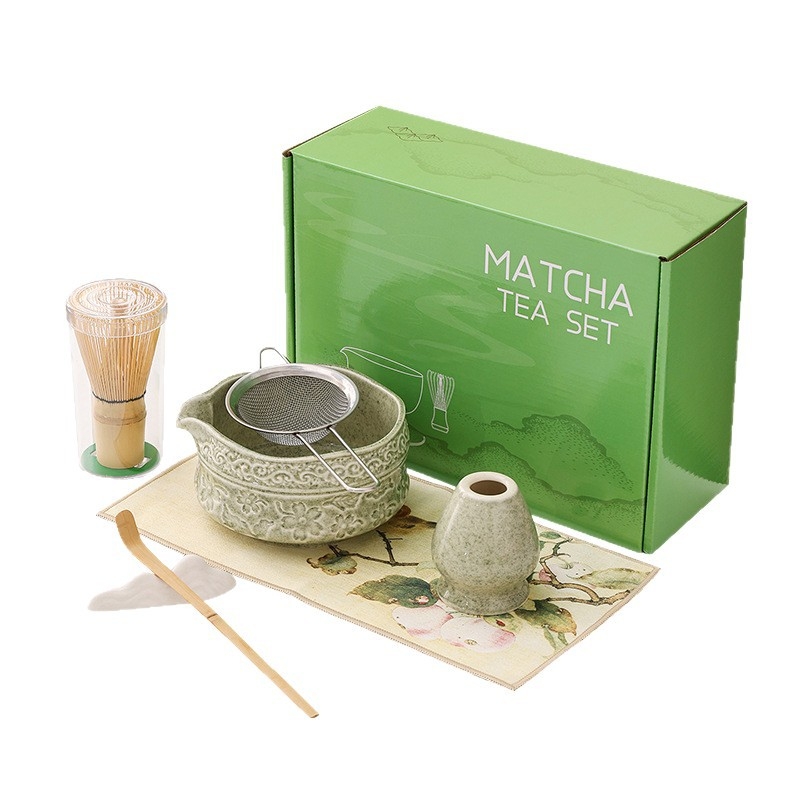 Vas ceramic pentru matcha cu gură de turnare, design cu flori de cireș, set de 100 pensule pentru matcha