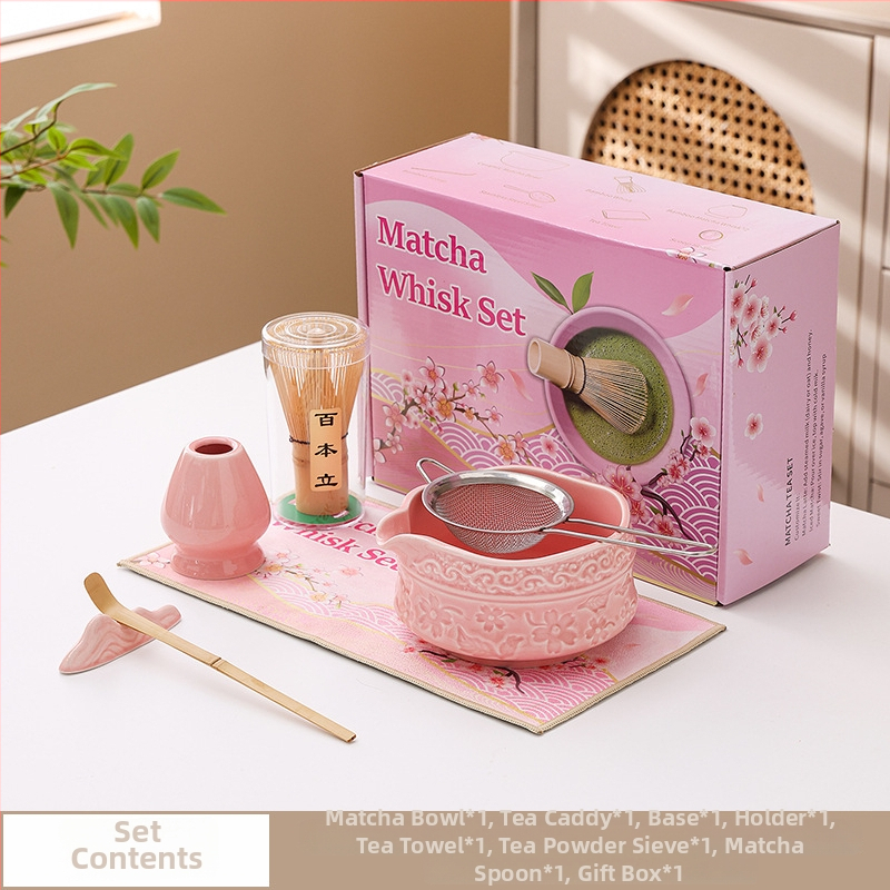 Vas ceramic pentru matcha cu gură de turnare, design cu flori de cireș, set de 100 pensule pentru matcha