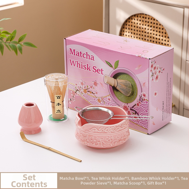 Vas ceramic pentru matcha cu gură de turnare, design cu flori de cireș, set de 100 pensule pentru matcha