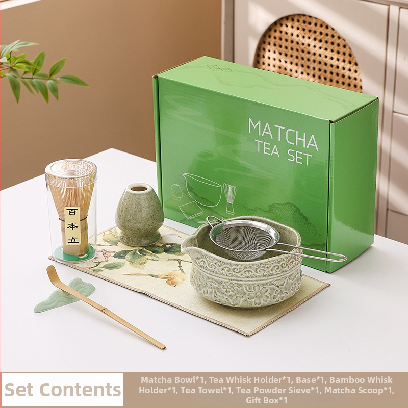 Vas ceramic pentru matcha cu gură de turnare, design cu flori de cireș, set de 100 pensule pentru matcha