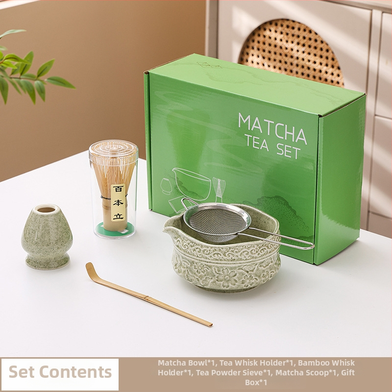 Vas ceramic pentru matcha cu gură de turnare, design cu flori de cireș, set de 100 pensule pentru matcha