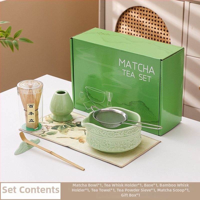 Vas ceramic pentru matcha cu gură de turnare, design cu flori de cireș, set de 100 pensule pentru matcha