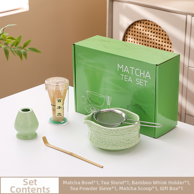 Vas ceramic pentru matcha cu gură de turnare, design cu flori de cireș, set de 100 pensule pentru matcha