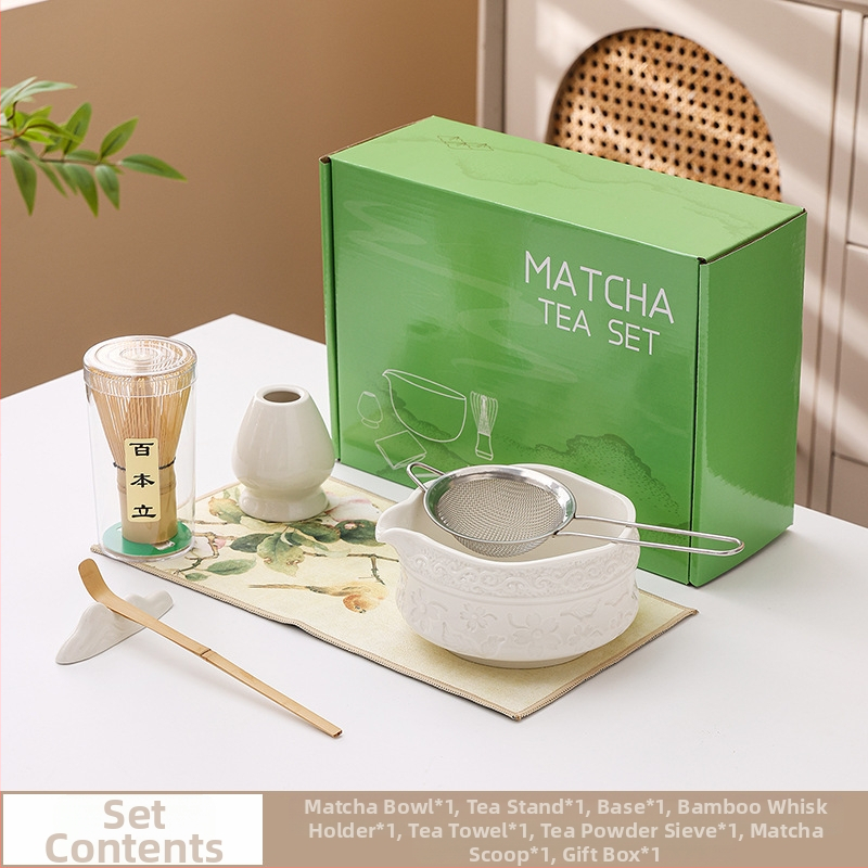 Vas ceramic pentru matcha cu gură de turnare, design cu flori de cireș, set de 100 pensule pentru matcha