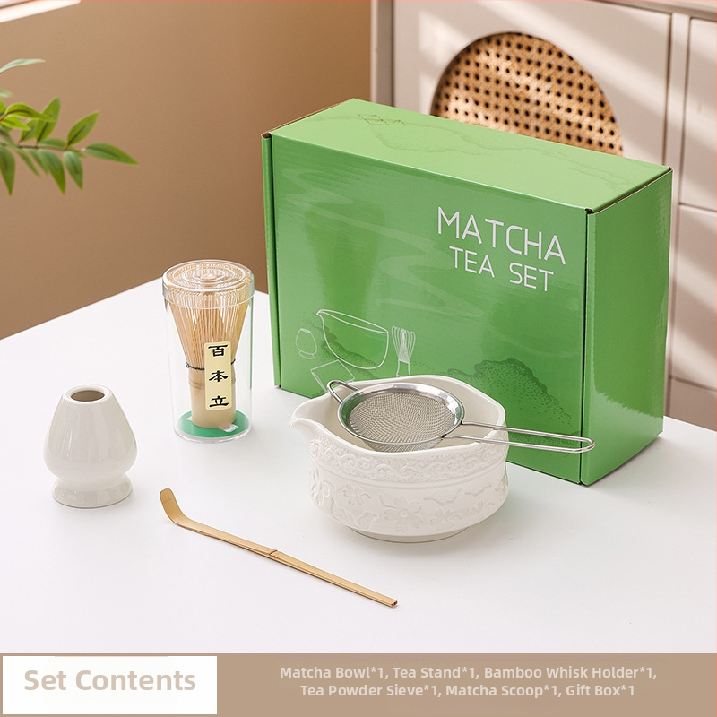 Vas ceramic pentru matcha cu gură de turnare, design cu flori de cireș, set de 100 pensule pentru matcha