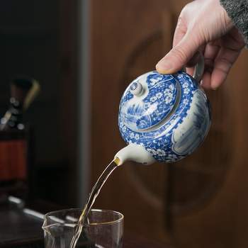 Ceainic din porțelan albastru-alb, cu filtru, stil chinezesc, ceramică de înaltă calitate pentru ceai acasă