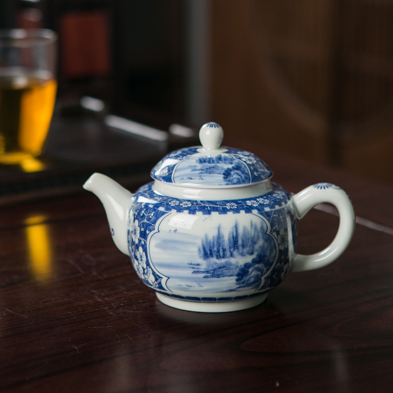 Ceainic din porțelan albastru-alb, cu filtru, stil chinezesc, ceramică de înaltă calitate pentru ceai acasă