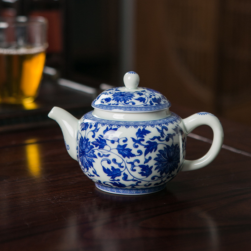 Ceainic din porțelan albastru-alb, cu filtru, stil chinezesc, ceramică de înaltă calitate pentru ceai acasă