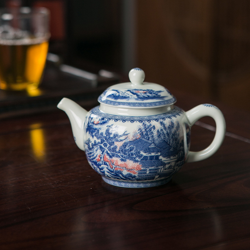 Ceainic din porțelan albastru-alb, cu filtru, stil chinezesc, ceramică de înaltă calitate pentru ceai acasă