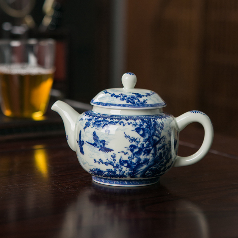 Ceainic din porțelan albastru-alb, cu filtru, stil chinezesc, ceramică de înaltă calitate pentru ceai acasă