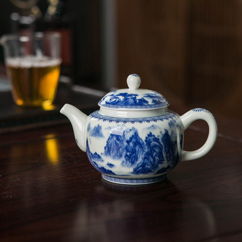 Ceainic din porțelan albastru-alb, cu filtru, stil chinezesc, ceramică de înaltă calitate pentru ceai acasă