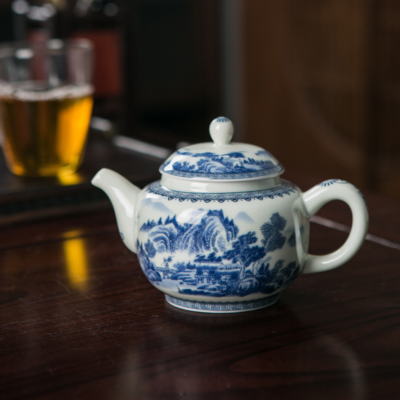 Ceainic din porțelan albastru-alb, cu filtru, stil chinezesc, ceramică de înaltă calitate pentru ceai acasă