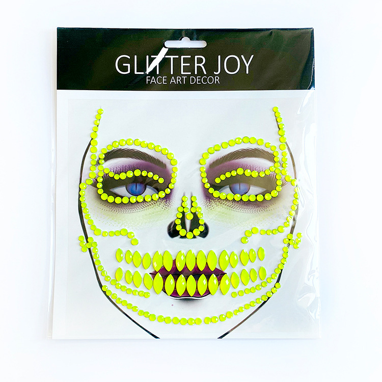 Fluorescencije dijamantne naljepnice s likom duha za Halloween – naljepnice za lice i obrve s rhinestones i smolnim detaljima