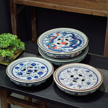 Tava de ceai în stil chinezesc nou, celadon, rotundă, porțelan albastru‑alb, set Gongfu de ceai, glazură vintage