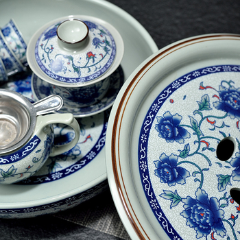 Tava de ceai în stil chinezesc nou, celadon, rotundă, porțelan albastru‑alb, set Gongfu de ceai, glazură vintage