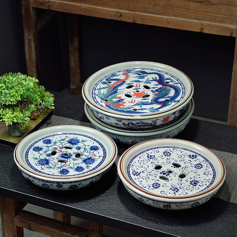 Tava de ceai în stil chinezesc nou, celadon, rotundă, porțelan albastru‑alb, set Gongfu de ceai, glazură vintage