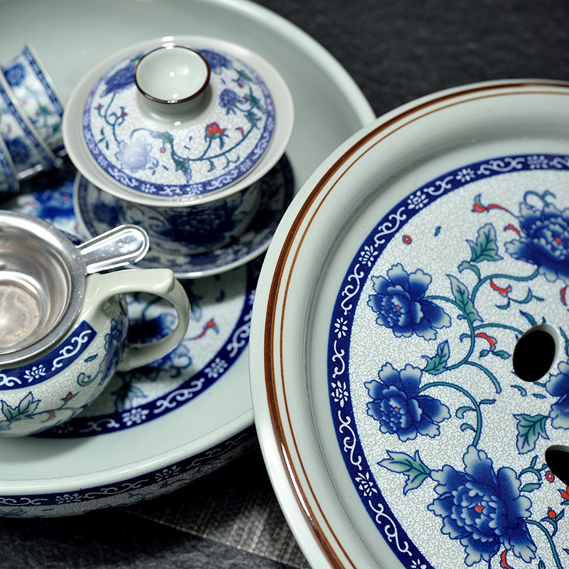 Tava de ceai în stil chinezesc nou, celadon, rotundă, porțelan albastru‑alb, set Gongfu de ceai, glazură vintage