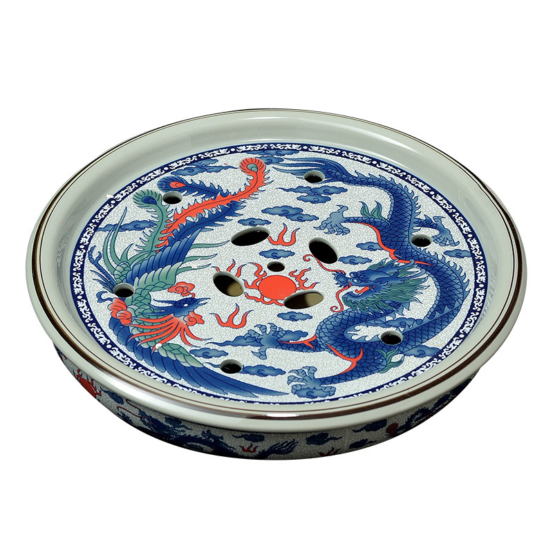 Tava de ceai în stil chinezesc nou, celadon, rotundă, porțelan albastru‑alb, set Gongfu de ceai, glazură vintage