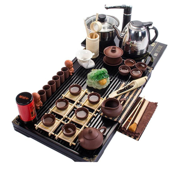 Set complet de ceai din lut Zisha pentru casă și birou — cești ceramice, ceainic, fierbător, ceremonie Kung Fu, tavă de lemn pentru ceai