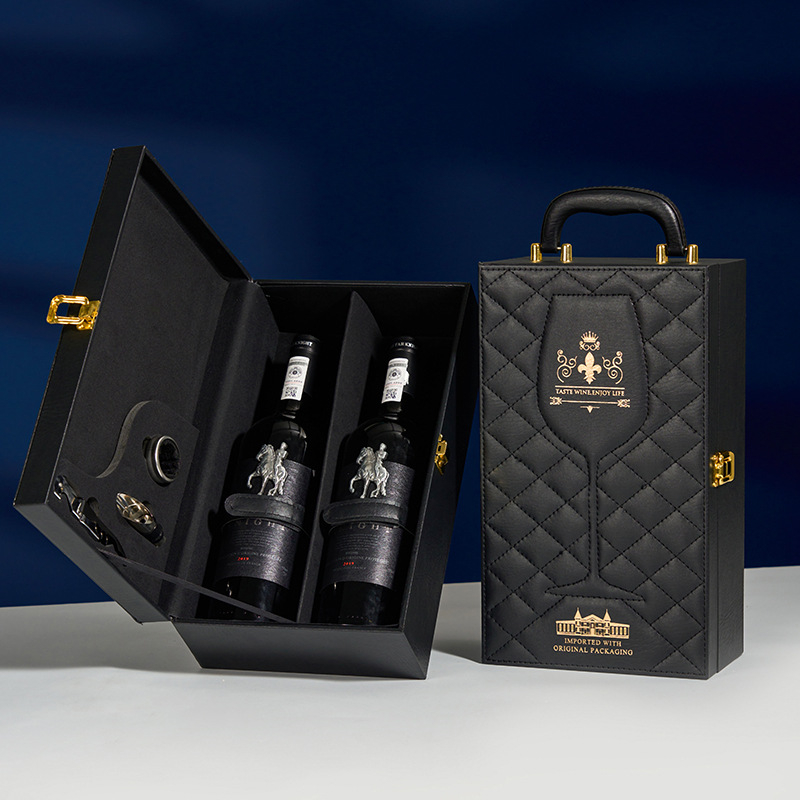 Cutie cadou pentru vin roșu, set de 2 piese, exterior din piele, cutie pentru șase sticle, personalizată
