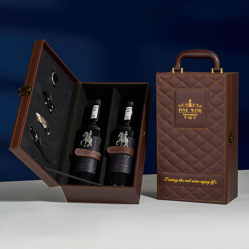 Cutie cadou pentru vin roșu, set de 2 piese, exterior din piele, cutie pentru șase sticle, personalizată