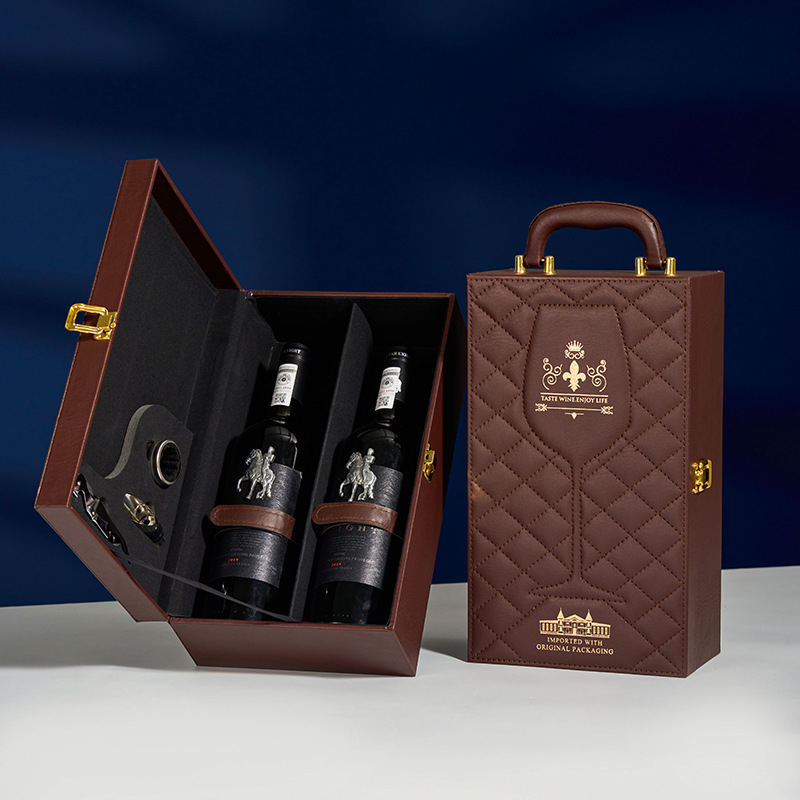 Cutie cadou pentru vin roșu, set de 2 piese, exterior din piele, cutie pentru șase sticle, personalizată