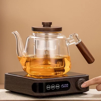 Ceainic din sticlă borosilicată, cu capacitate mare, mâner din lemn de nuc – aparat integrat pentru prepararea ceaiului, pentru plita electrică ceramică