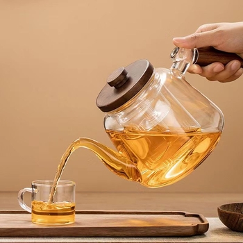 Ceainic din sticlă borosilicată, cu capacitate mare, mâner din lemn de nuc – aparat integrat pentru prepararea ceaiului, pentru plita electrică ceramică