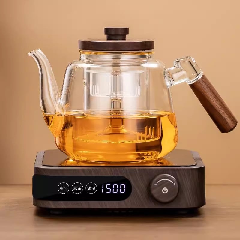 Ceainic din sticlă borosilicată, cu capacitate mare, mâner din lemn de nuc – aparat integrat pentru prepararea ceaiului, pentru plita electrică ceramică