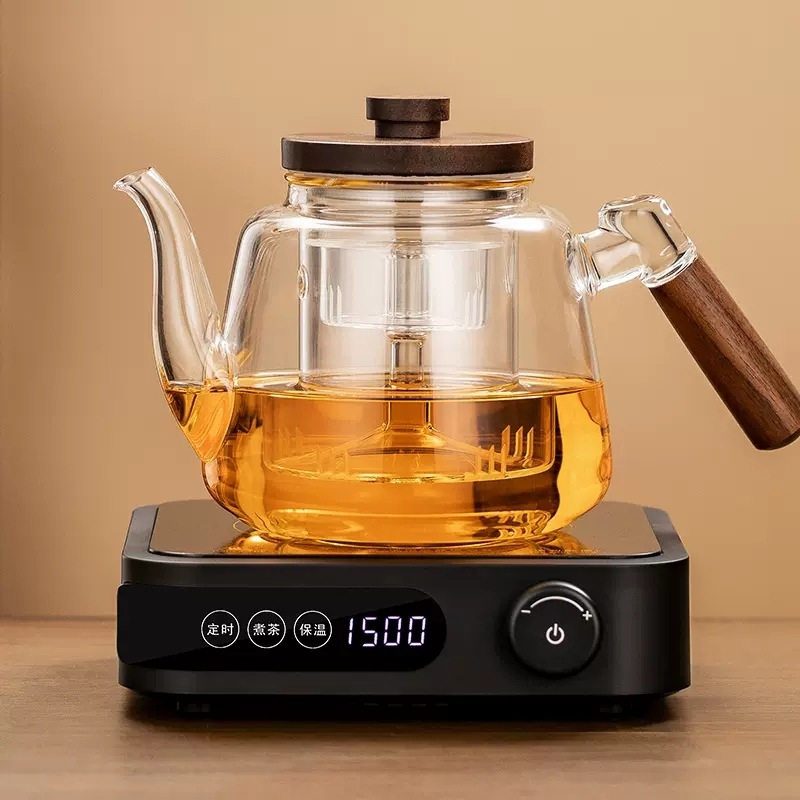 Ceainic din sticlă borosilicată, cu capacitate mare, mâner din lemn de nuc – aparat integrat pentru prepararea ceaiului, pentru plita electrică ceramică