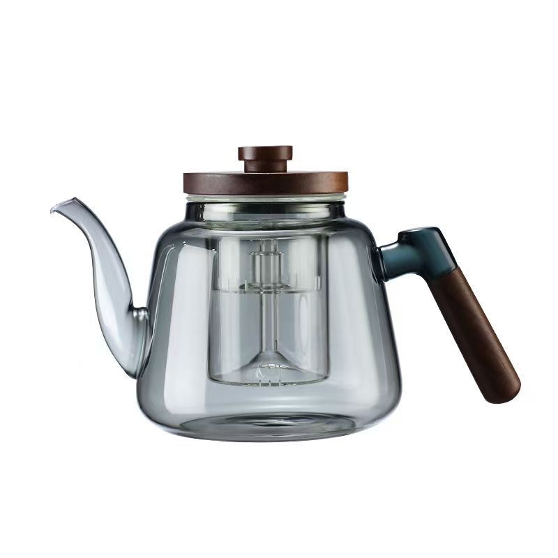 Ceainic din sticlă borosilicată, cu capacitate mare, mâner din lemn de nuc – aparat integrat pentru prepararea ceaiului, pentru plita electrică ceramică