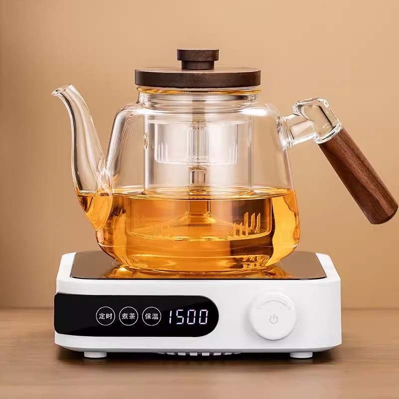 Ceainic din sticlă borosilicată, cu capacitate mare, mâner din lemn de nuc – aparat integrat pentru prepararea ceaiului, pentru plita electrică ceramică
