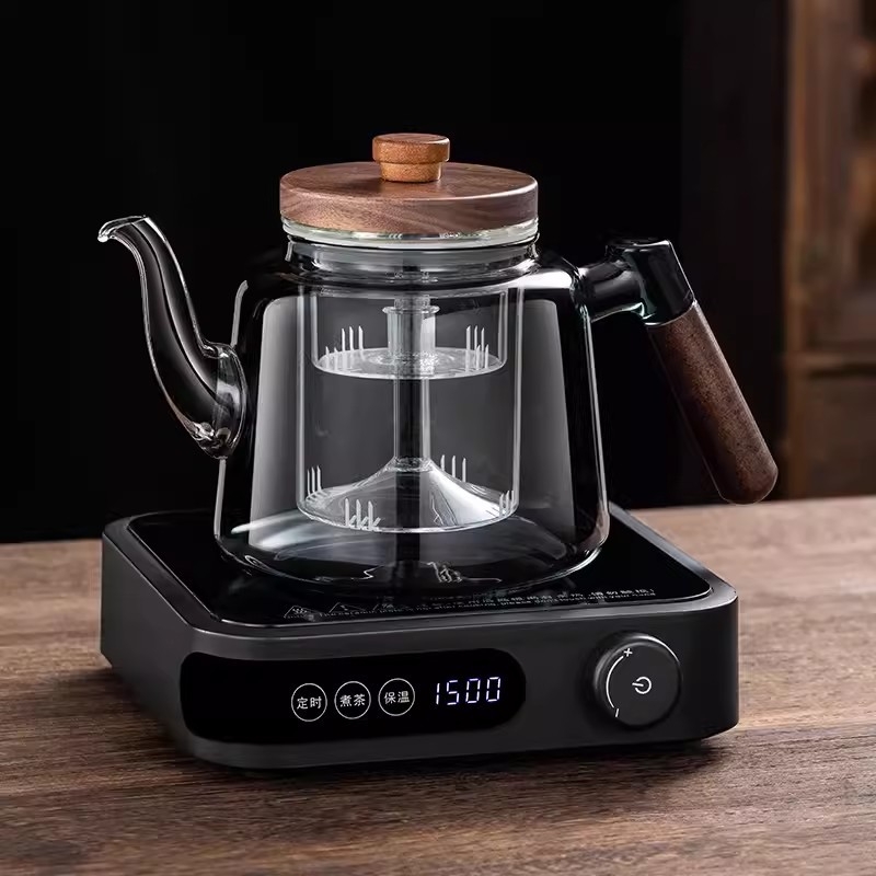 Ceainic din sticlă borosilicată, cu capacitate mare, mâner din lemn de nuc – aparat integrat pentru prepararea ceaiului, pentru plita electrică ceramică