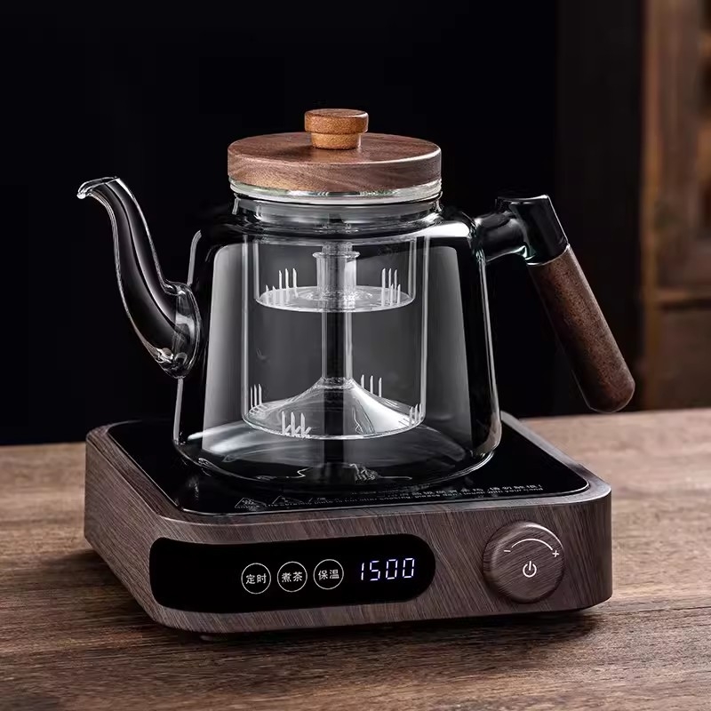 Ceainic din sticlă borosilicată, cu capacitate mare, mâner din lemn de nuc – aparat integrat pentru prepararea ceaiului, pentru plita electrică ceramică