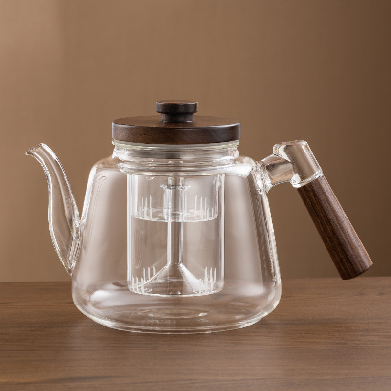 Ceainic din sticlă borosilicată, cu capacitate mare, mâner din lemn de nuc – aparat integrat pentru prepararea ceaiului, pentru plita electrică ceramică