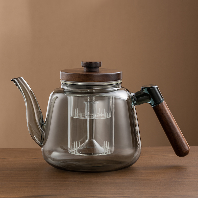 Ceainic din sticlă borosilicată, cu capacitate mare, mâner din lemn de nuc – aparat integrat pentru prepararea ceaiului, pentru plita electrică ceramică