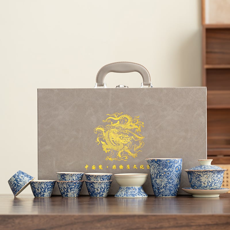 Set de ceai din porțelan, stil antic Kung Fu, pentru uz casnic — gaiwan minimalist, ceainic și cești, set complet într-o cutie cadou premium