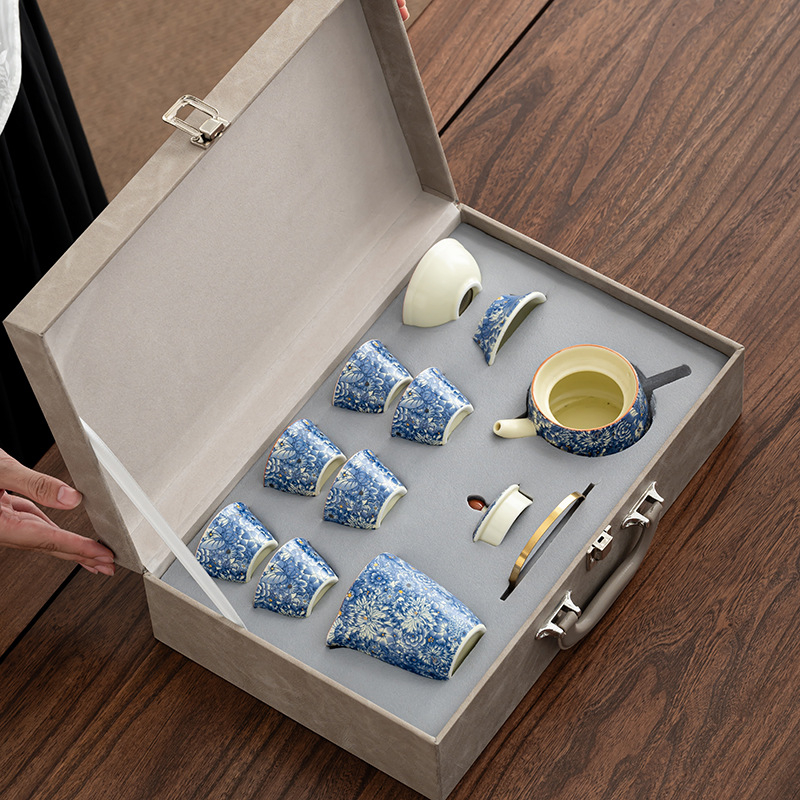 Set de ceai din porțelan, stil antic Kung Fu, pentru uz casnic — gaiwan minimalist, ceainic și cești, set complet într-o cutie cadou premium