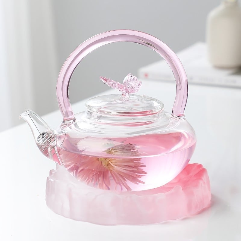 Ceainic din sticlă cu mâner basculant, sticlă borosilicată rezistentă la căldură, compatibil cu plita ceramică electrică, ideal pentru prepararea ceaiului și ceaiurilor cu flori