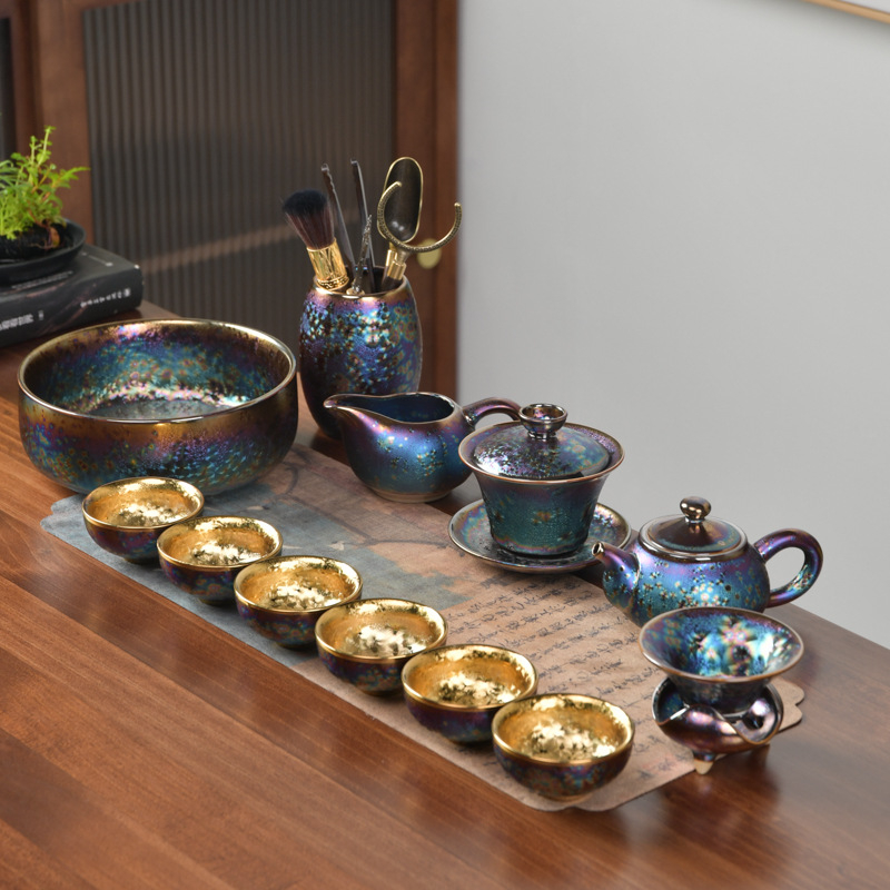 Set de ceai placat cu aur, cu cești ceramice pentru preparare și degustare, set complet pentru birou și uz casnic