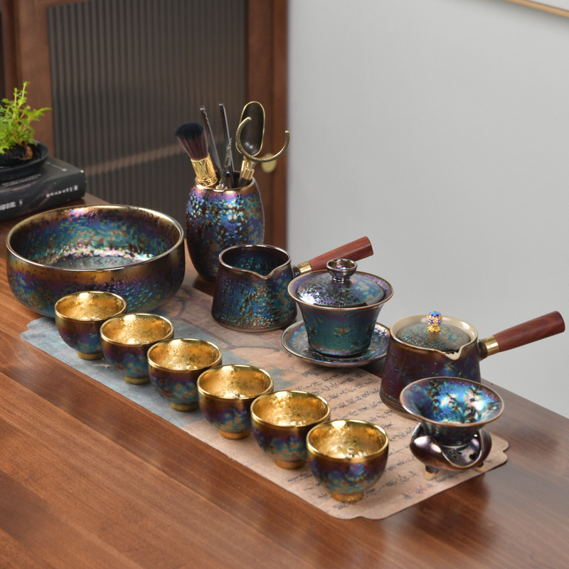 Set de ceai placat cu aur, cu cești ceramice pentru preparare și degustare, set complet pentru birou și uz casnic
