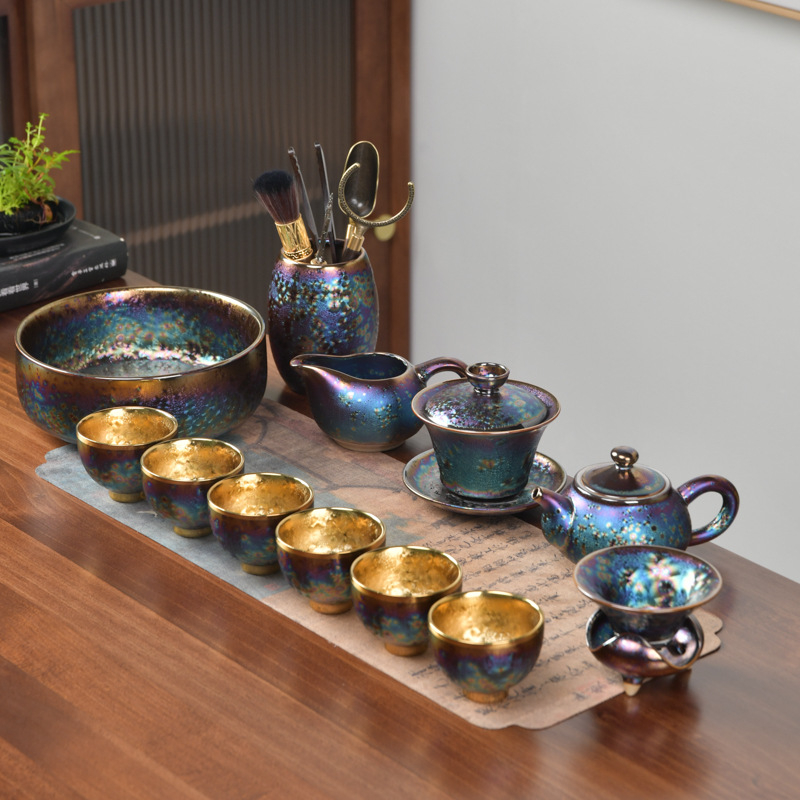 Set de ceai placat cu aur, cu cești ceramice pentru preparare și degustare, set complet pentru birou și uz casnic