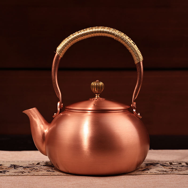 Ceainic din cupru pur pentru fierberea apei și infuzarea ceaiului, capacitate mare, semi-artizanal, stil retro, potrivit pentru plită ceramică electrică