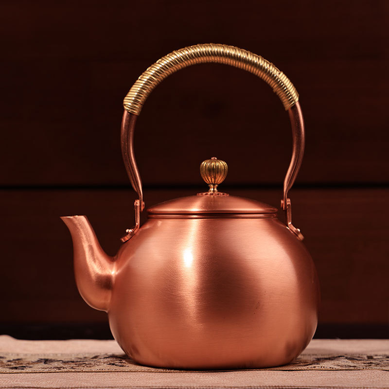 Ceainic din cupru pur pentru fierberea apei și infuzarea ceaiului, capacitate mare, semi-artizanal, stil retro, potrivit pentru plită ceramică electrică
