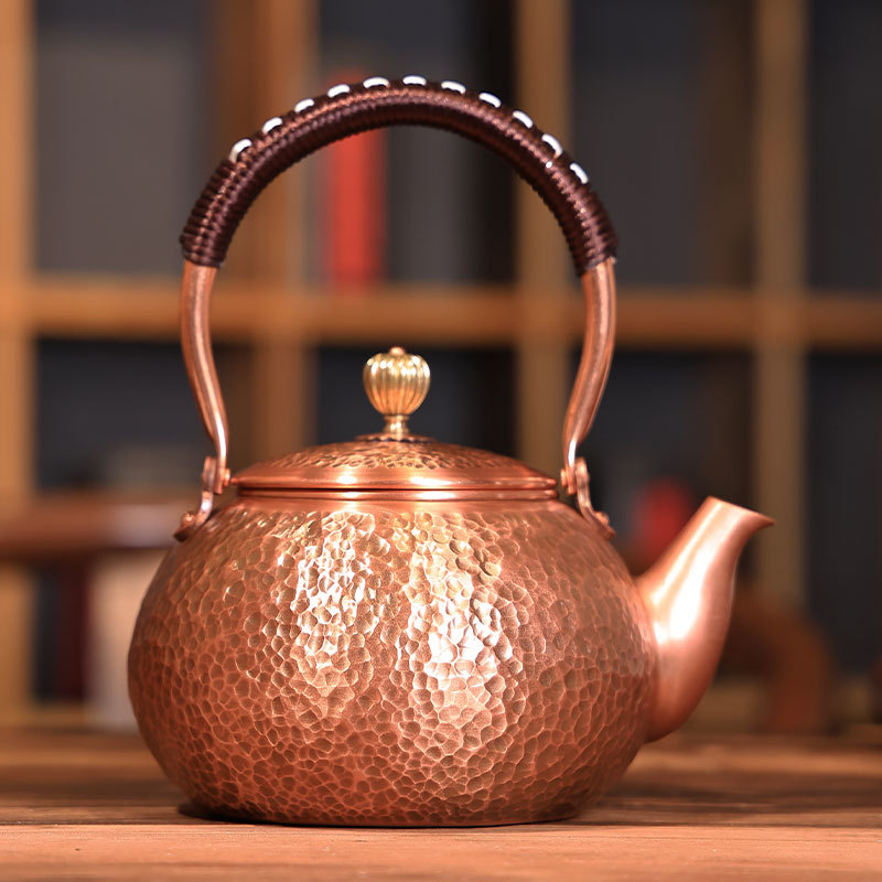 Ceainic din cupru pur pentru fierberea apei și infuzarea ceaiului, capacitate mare, semi-artizanal, stil retro, potrivit pentru plită ceramică electrică